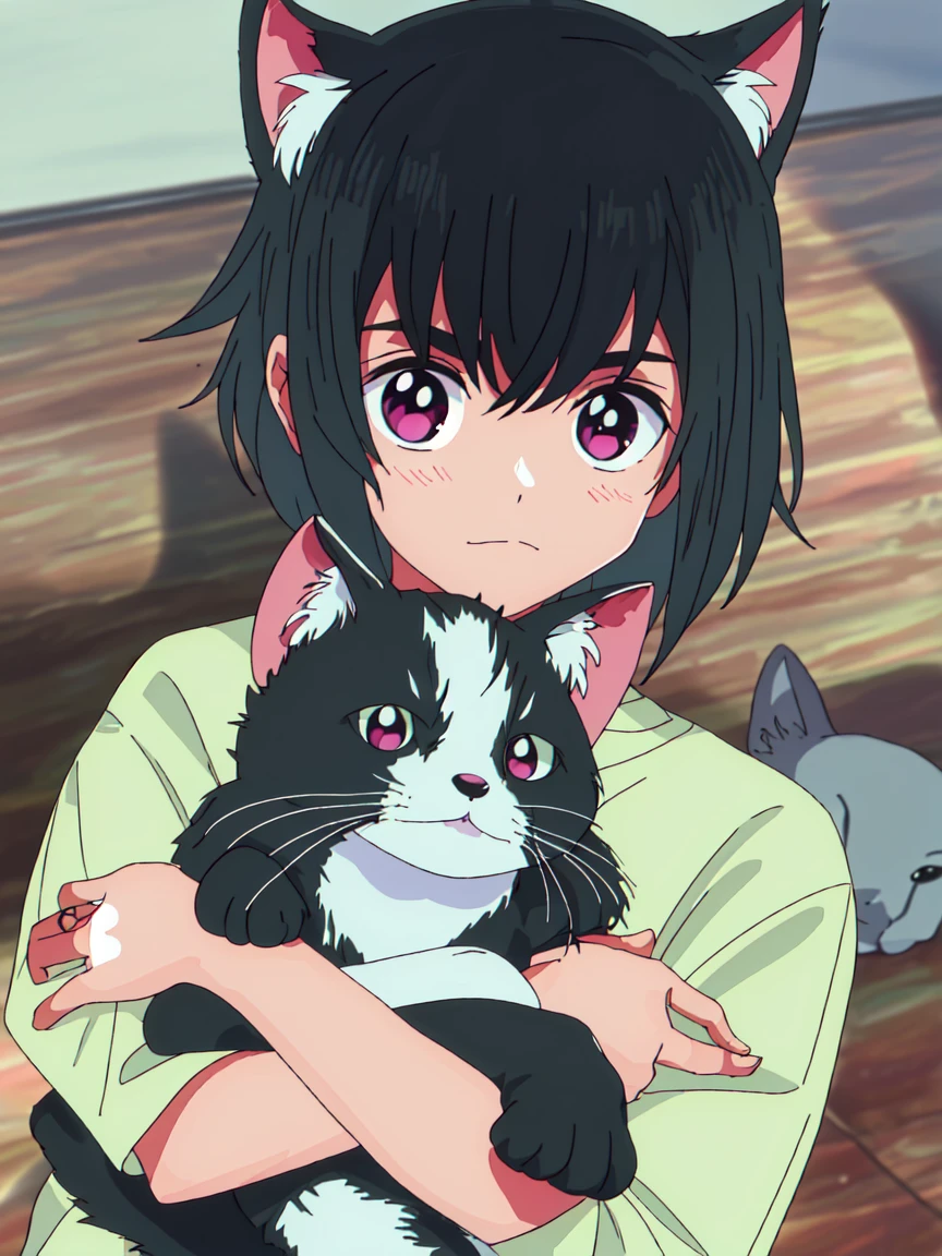 someone is petting a cat on the floor with a stuffed animal, with small cat on lap, big cheeks holding her cat, holding it out to the camera, glaring at the camera, cute furry needs your help, holding a cat, lovingly looking at camera, looking to camera, looking to the camera, looking straight to camera, looking confused