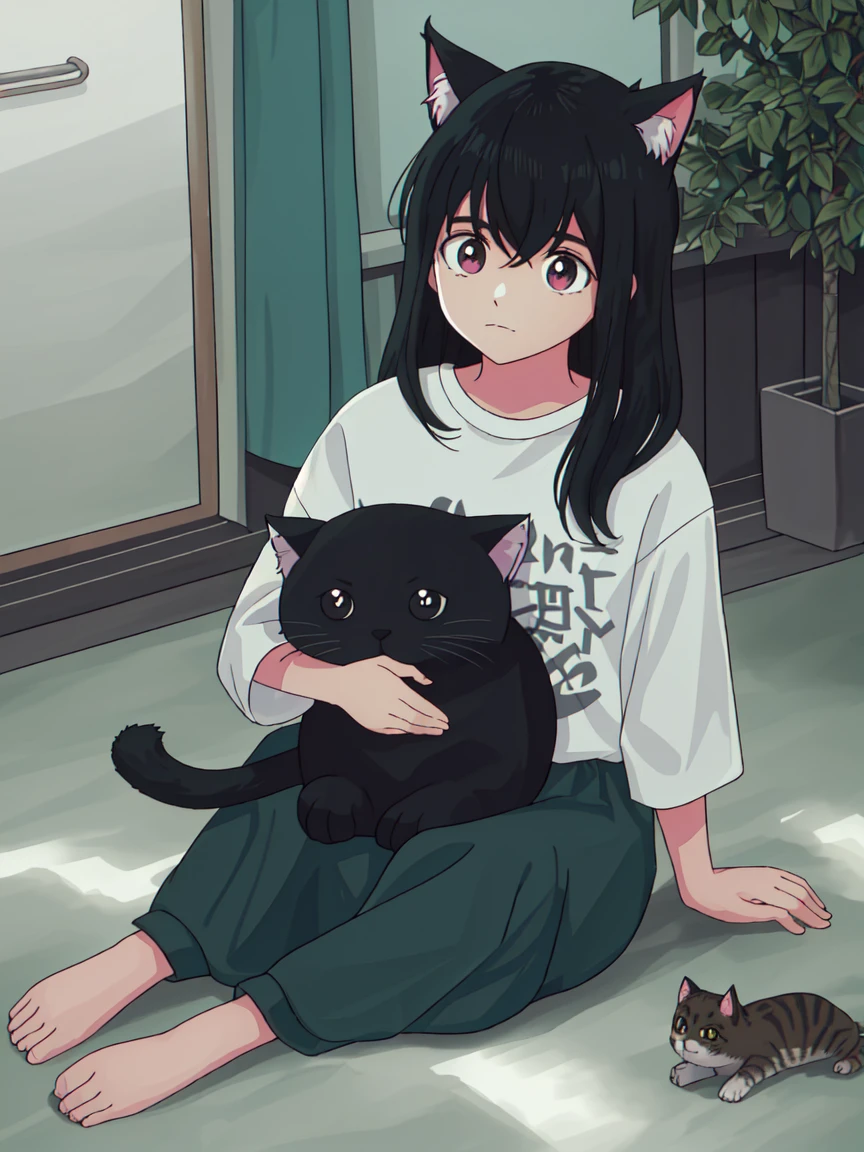 someone is petting a cat on the floor with a stuffed animal, with small cat on lap, big cheeks holding her cat, holding it out to the camera, glaring at the camera, cute furry needs your help, holding a cat, lovingly looking at camera, looking to camera, looking to the camera, looking straight to camera, looking confused