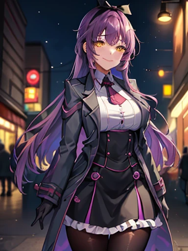 nsfw,((lift up skirt))、highest quality, (masterpiece:1.2), figure, disorganized,
(1 girl), (alone), (beautiful detailed girl),
Len Bright, yellow_eye, purple hair, long hair, Broke up_前hair, hair_ribbon,
black coat, white shirt, pantyhose, black knee boots, short black skirt, frills, black_gloves,
city street, Modern city, neon light, night, (cyber punk:0.8),, cowboy shot,,
smug, smile, With confidence,