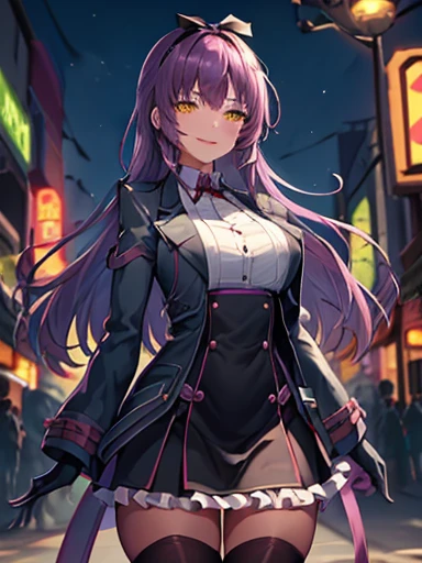 nsfw,((lift up skirt))、highest quality, (masterpiece:1.2), figure, disorganized,
(1 girl), (alone), (beautiful detailed girl), 
Len Bright, yellow_eye, purple hair, long hair, Broke up_前hair, hair_ribbon,
black coat, white shirt, pantyhose, black knee boots, short black skirt, frills, black_gloves,
city street, Modern city, neon light, night, (cyber punk:0.8),, cowboy shot,,
smug, smile, With confidence,