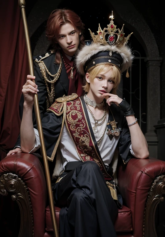 there is a drawing of a man with red hair give a crown to a guy with blonde short hair who sitting on a throne, royal portrait, zerochan, handsome androgynous prince, on a baroque throne, anime background