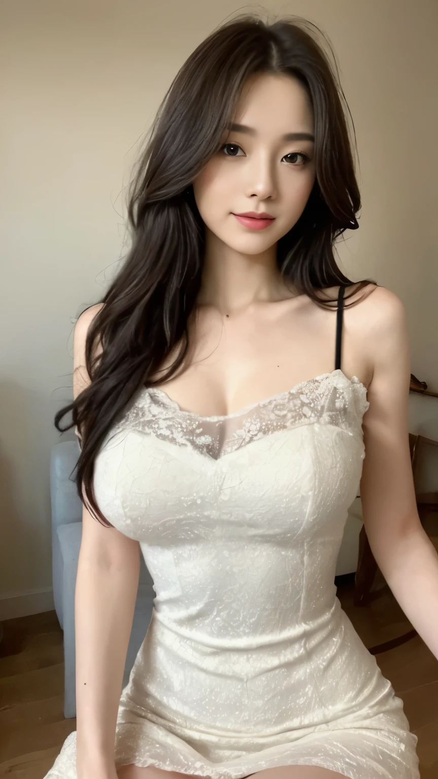 ((top-quality、8k、​masterpiece:1.3))、Beautiful woman with perfect body:1.4、slim abdomen:1.2、Longhair, normal breast, Highly detailed facial and skin texture, A detailed eye, delicate eyes, (smile), (full body shot), ((studio)), (sitting on chair), (((wearing white classy dress))), looking in front, (plain grey background)