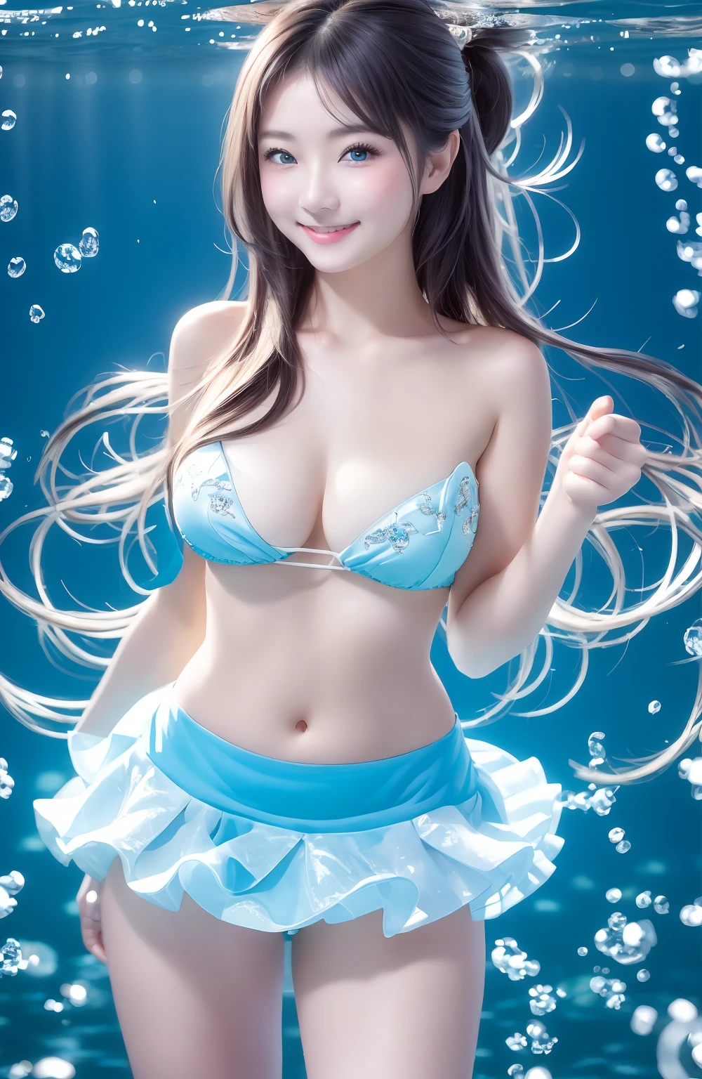 Half-Japanese, half-Ukrainian girl, beautiful and with a good figure.( bare+pubic hair ) , Beautiful big breasts, standing underwater, giving a thumbs up, beautiful blue eyes, beautiful smile, dimples.