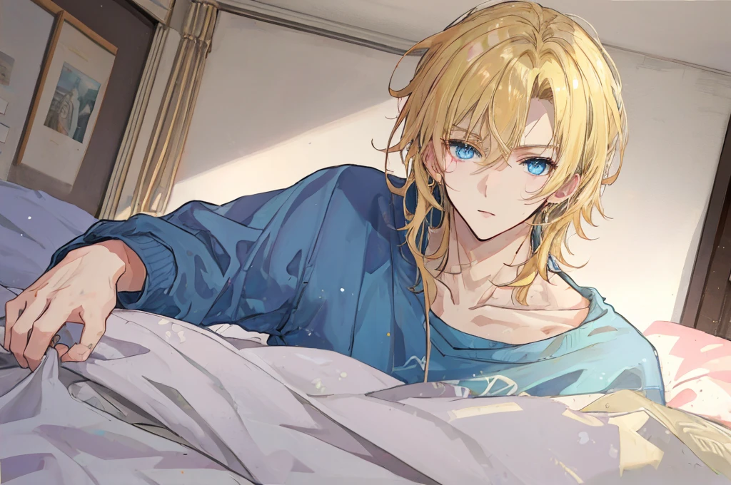 a handsome man，adult，blond，blue eyes，clavicle，Sweatshirt，long trousers，(Very detailed background，bedroom)，on the bed，