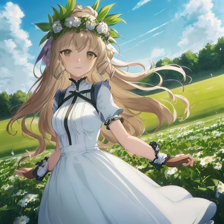 a woman in a white dress standing in a field of flowers, violet evergarden, cushart krenz key art feminine, beautiful maiden, cute anime waifu in a nice dress, in dress, a maid in a magical forest, official artwork, lolish, fine details. girls frontline, marisa kirisame, anime goddess, anime visual of a cute girl