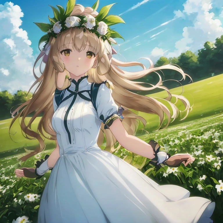 a woman in a white dress standing in a field of flowers, violet evergarden, cushart krenz key art feminine, beautiful maiden, cute anime waifu in a nice dress, in dress, a maid in a magical forest, official artwork, sh, fine details. girls frontline, marisa kirisame, anime goddess, anime visual of a cute girl