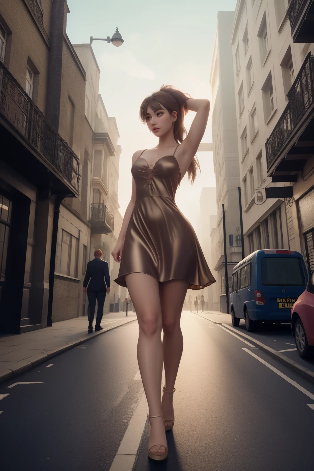 beautiful woman wearing a legendary gray (diaphanous dress) <lora:diaphanous_dress-1.0:0.8>,
(golden brown hair Sleek Straight),
(City Zero),
profile,
hand in pocket relaxed pose,
hopeful