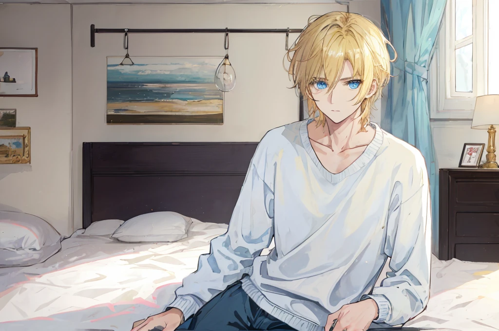 a handsome man，adult，blond，blue eyes，clavicle，Sweatshirt，long trousers，Lazy，(Very detailed background，bedroom)，on the bed，