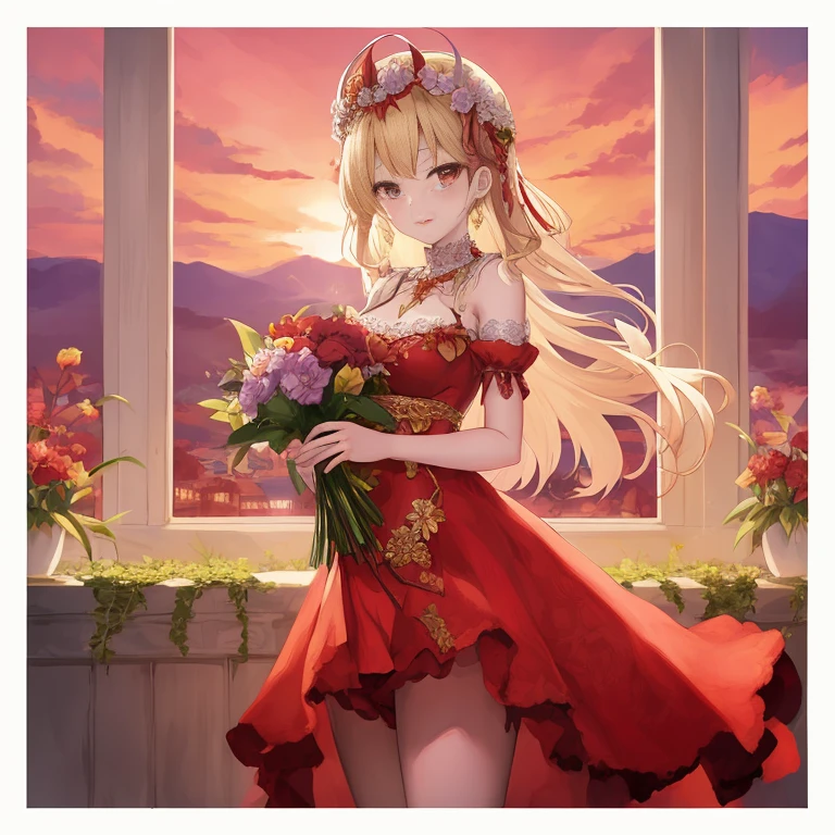 anime girl in red dress holding flowers by window, in dress, cute anime waifu in a nice dress, anime style like fate/stay night, flower goddess, queen of flowers, blonde - haired princess, flower queen, anime goddess, guweiz, dressed in a flower dress, official artwork, sakimi chan, ayaka genshin impact