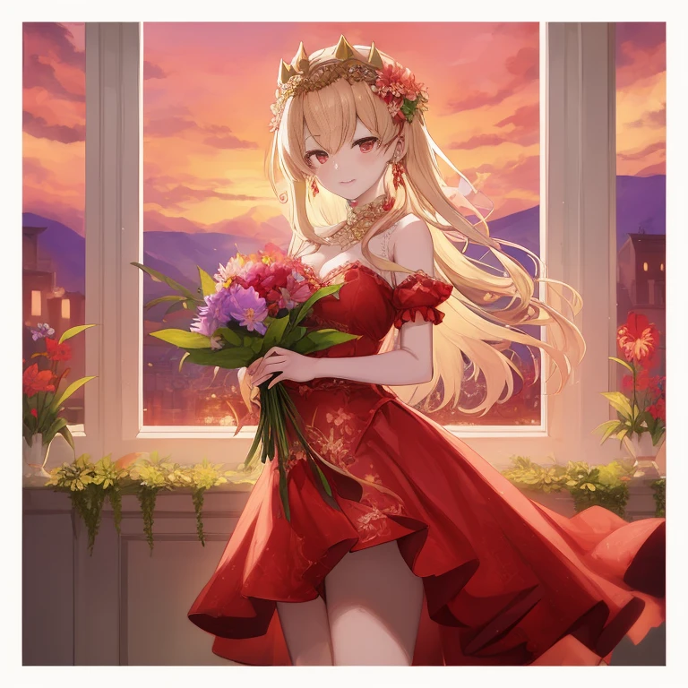 anime girl in red dress holding flowers by window,  in dress, cute anime waifu in a nice dress, anime style like fate/stay night, flower goddess, queen of flowers, blonde - haired princess, flower queen, anime goddess, guweiz, dressed in a flower dress, official artwork, sakimi chan, ayaka genshin impact