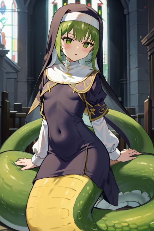 Lamia、nun clothes、delicate、small breasts、yellow-green scales、church