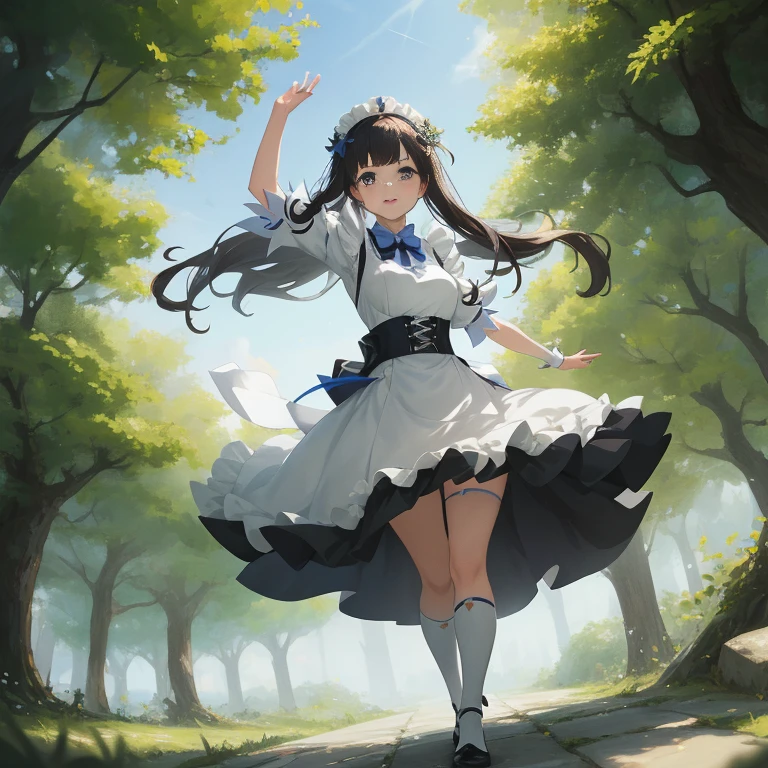 a woman in a white dress is walking down a path, hestia, official anime artwork, ayaka genshin impact, anime lush john 8k woods, cute anime waifu in a nice dress, guweiz on pixiv artstation, rin, official artwork, anime visual of a cute girl, official art, anime moe artstyle, a maid in a magical forest