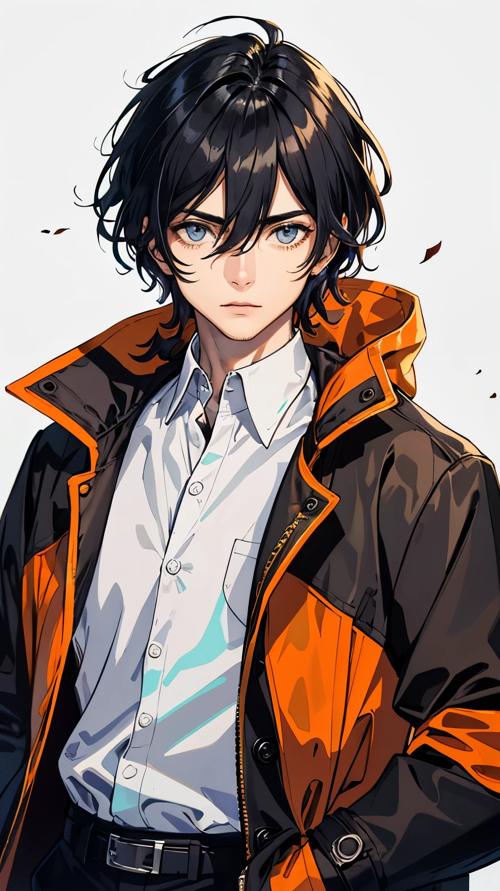 (obra de arte, Mais alta qualidade, high resolution), 1 homem moreno medieval, Penteado de cauda de lobo, cabelos ligeiramente mais longos, olhos laranja brilhantes, vestindo trench coat preto, camisa branca, usando brincos laranja, busto, olhando para frente com firmeza, Sombras Stark, destaques brilhantes, fundo branco simples