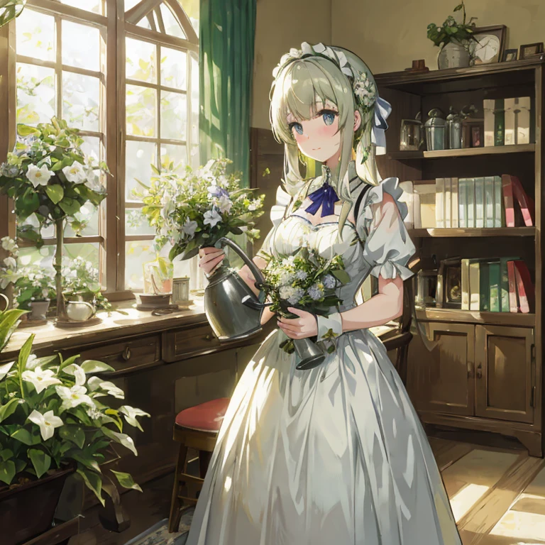 anime girl in a white dress holding a green watering can, violet evergarden, in dress, portrait of ta, a maid in a magical forest, fine details. girls frontline, anime girl in a maid costume, marin kitagawa fanart, cute anime waifu in a nice dress, girls frontline cg, girls frontline style, from girls frontline
