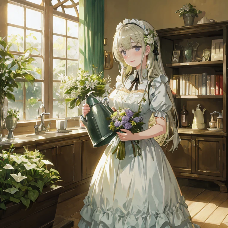 anime girl in a white dress holding a green watering can, violet evergarden,  in dress, portrait of lolita, a maid in a magical forest, fine details. girls frontline, anime girl in a maid costume, marin kitagawa fanart, cute anime waifu in a nice dress, girls frontline cg, girls frontline style, from girls frontline