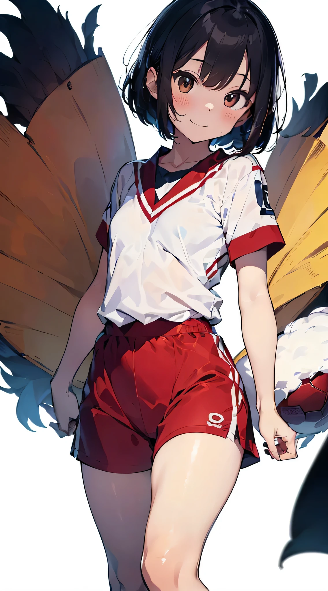 ((((kipity art)))), ((High resolution)),masterpiece, high quality, 最high quality, beautiful,no background、pure white background、 detailed face, super cute face, ((1 girl)), ((alone), black hair, bob cut, bangs, ((fluffy hair)), brown eyes, slender body, full length, smile, shy, just woke up, blush, ((grab the thigh)), (((small breasts))), cleavage, perky chest, (small hips), (normal thighs), soft body, 19歳の少女のmasterpiece、High resolution、1 girl in、cute anime illustration、upright,whole,Standing position, Lower both arms,put your hands behind your back, look straight, pure white background, arms behind,Soccer Uniforms、Red Football Uniform、Bright red uniforms