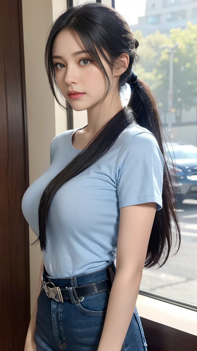 1girl, solo, long_hair, breasts, blue_eyes, large_breasts, shirt, black_hair, hair_ornament, jewelry, closed_mouth, upper_body, ponytail, short_sleeves, belt, pants, black_shirt, window, denim, curtains, jeans, shirt_tucked_in, red_belt