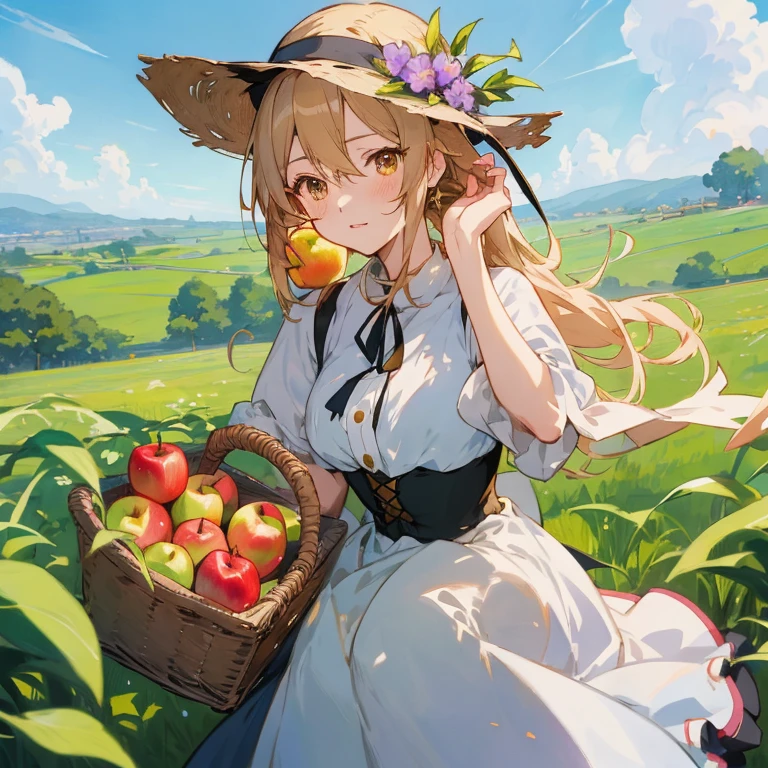 anime girl in a field with a basket of apples, anime visual of a cute girl, violet evergarden, in dress, official art, rin, official artwork, guweiz on pixiv artstation, , guweiz, beautiful anime girl, beautiful anime portrait, clean detailed anime art, marisa kirisame