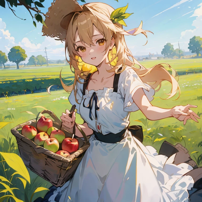 anime girl in a field with a basket of apples, anime visual of a cute girl, violet evergarden,  in dress, official art, rin, official artwork, guweiz on pixiv artstation, , guweiz, beautiful anime girl, beautiful anime portrait, clean detailed anime art, marisa kirisame