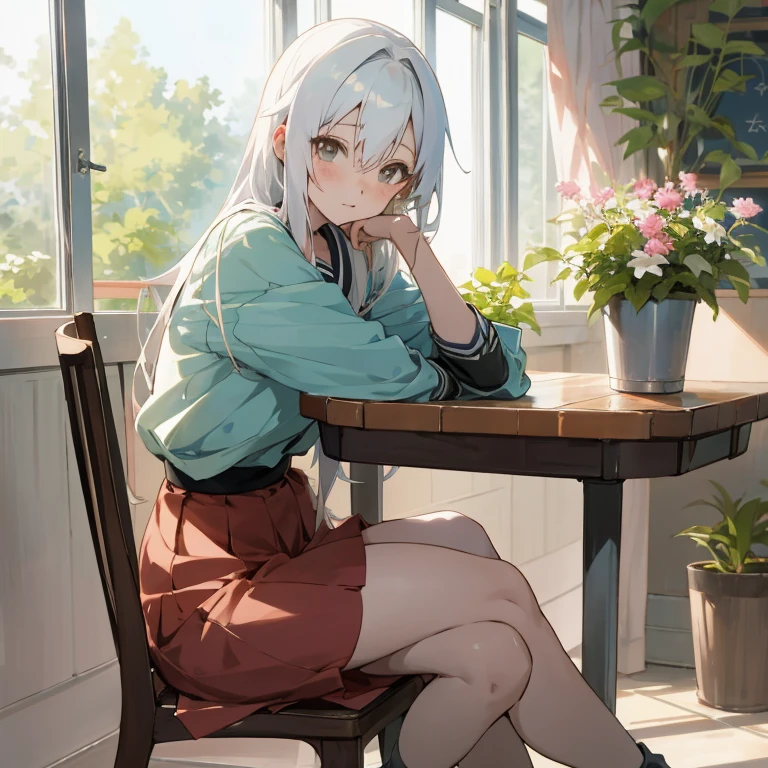 anime girl sitting at a table with a flower pot in her hand, anime visual of a cute girl, cute anime girl, young anime girl, beautiful anime high school girl, the anime girl is crouching, kantai collection style, a hyperrealistic , anime best girl, beautiful anime girl, an anime girl, perfect white haired girl