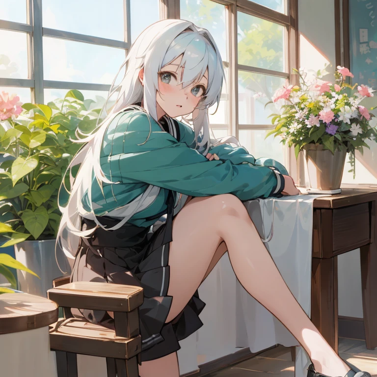 anime girl sitting at a table with a flower pot in her hand, anime visual of a cute girl, cute anime girl, young anime girl, beautiful anime high school girl, the anime girl is crouching, kantai collection style, a hyperrealistic , anime best girl, beautiful anime girl, an anime girl, perfect white haired girl