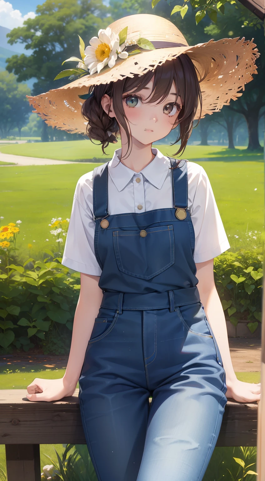 top quality、​Masterpiece、ultra high resolution、(Realism:1.4)、1 girl in、gardener、green work apron、white shirt、girl、straw hat、jeans、brown hair、Perfect five fingers、with perfect legs、