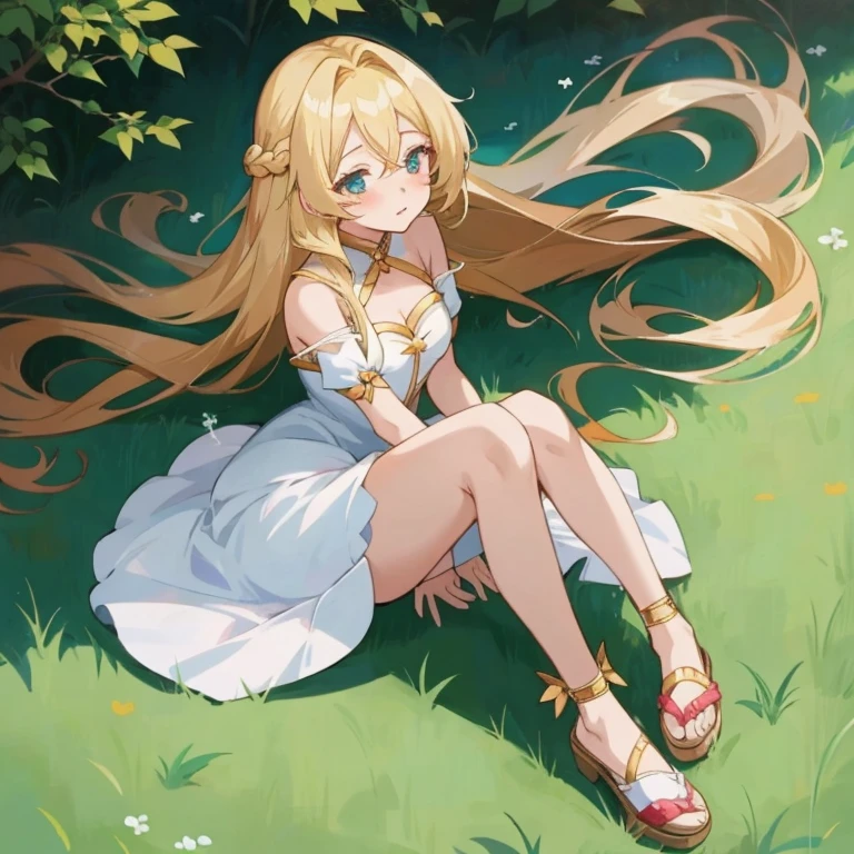 anime girl sitting on the ground with long blonde hair,  in dress, blonde anime girl with long hair, cute anime waifu in a nice dress, beautiful anime girl, anime girl with long hair, anime goddess, blonde - haired princess, pretty anime girl, small curvy , beautiful anime woman, cute anime girl, (anime girl)
