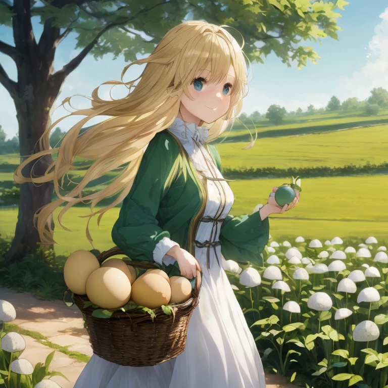anime girl with long blonde hair holding a basket of eggs, violet evergarden, blonde anime girl with long hair, official art, rin, anime visual of a cute girl, , render of april, official artwork, anime countryside landscape, made with anime painter studio, a maid in a magical forest, cushart krenz key art feminine