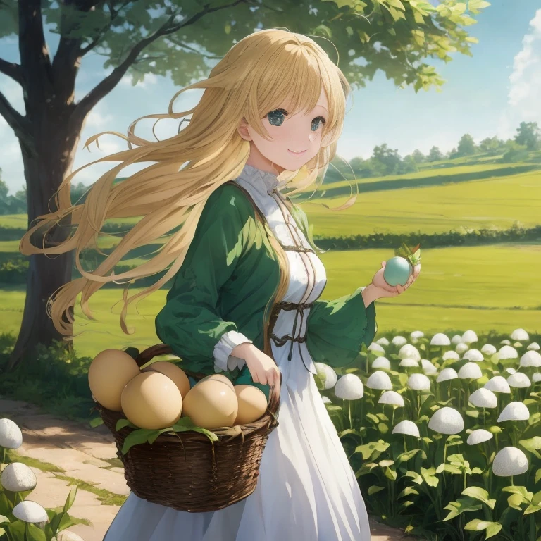 anime girl with long blonde hair holding a basket of eggs, violet evergarden, blonde anime girl with long hair, official art, rin, anime visual of a cute girl, , render of april, official artwork, anime countryside landscape, made with anime painter studio, a maid in a magical forest, cushart krenz key art feminine