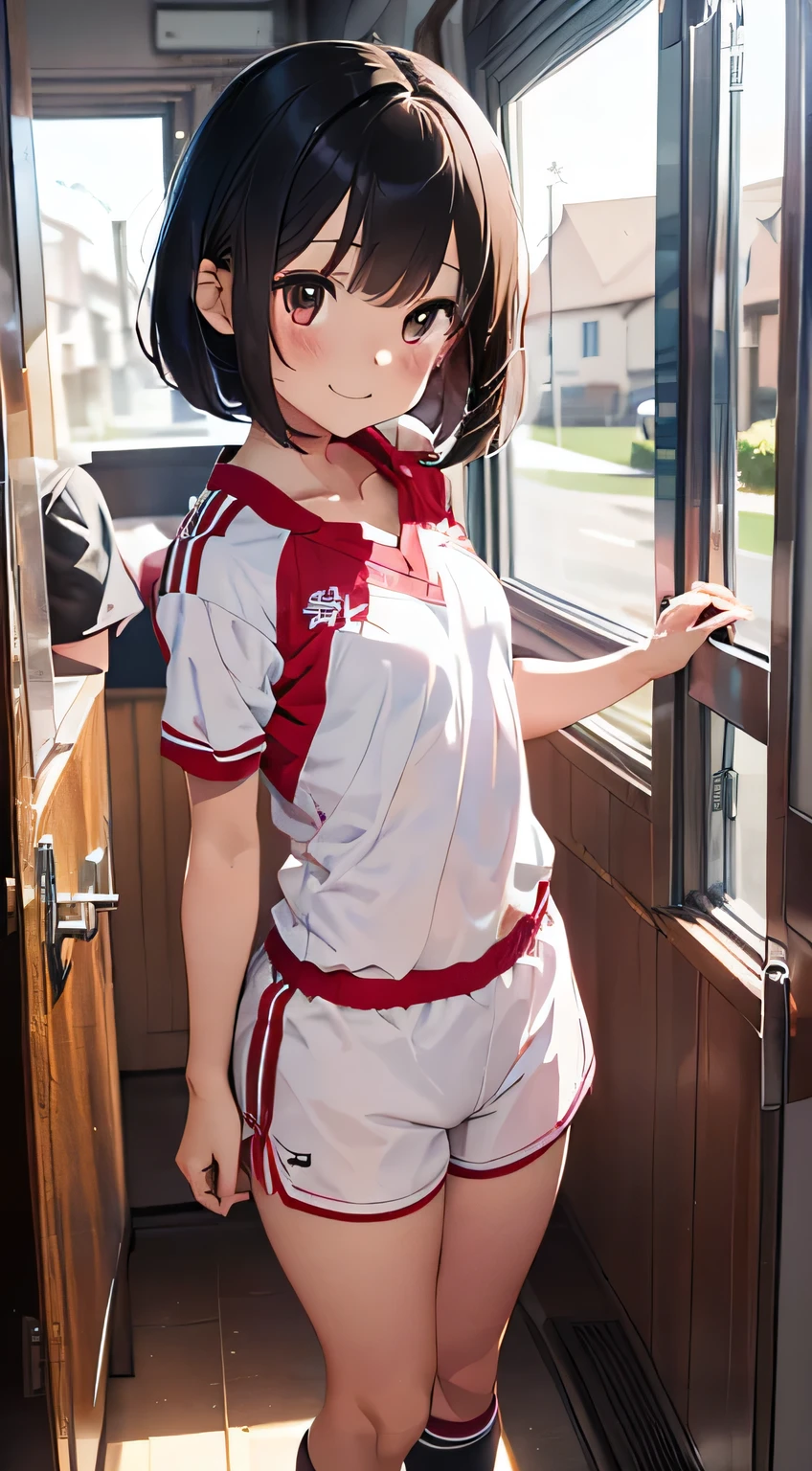 ((((kipity art)))), ((High resolution)),masterpiece, high quality, 最high quality, beautiful,no background、pure white background、 detailed face, super cute face, ((1 girl)), ((alone), black hair, bob cut, bangs, ((fluffy hair)), brown eyes, slender body, full length, smile, shy, just woke up, blush, ((grab the thigh)), (((small breasts))), cleavage, perky chest, (small hips), (normal thighs), soft body, 19歳の少女のmasterpiece、High resolution、1 girl in、cute anime illustration、upright,whole,Standing position, Lower both arms,put your hands behind your back, look straight, pure white background, arms behind,Soccer Uniforms、Red Football Uniform、Bright red uniforms