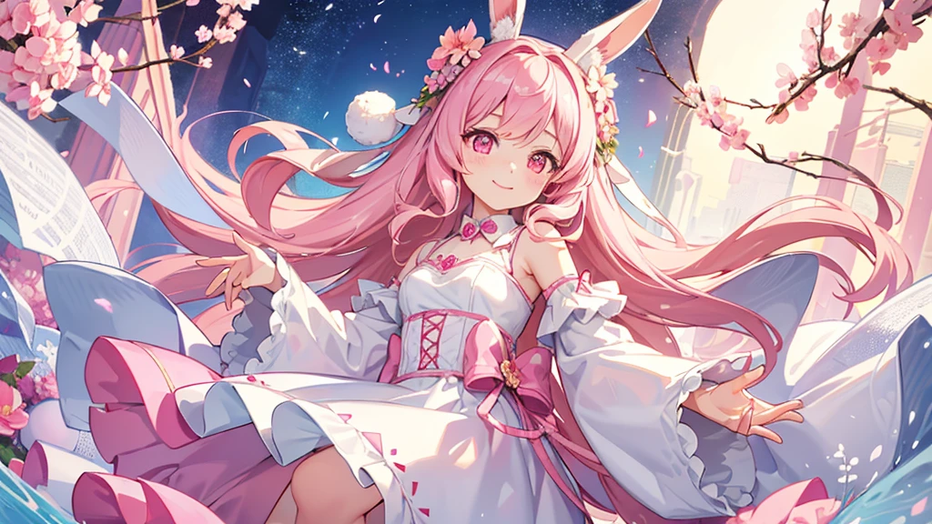 beautiful illustrations, highest quality, pretty girl, fluffy rabbit ears, pink long hair, rabbit stuffed,  pale pink eyes,smile,white clothes,Listen to the music,sound,musical note