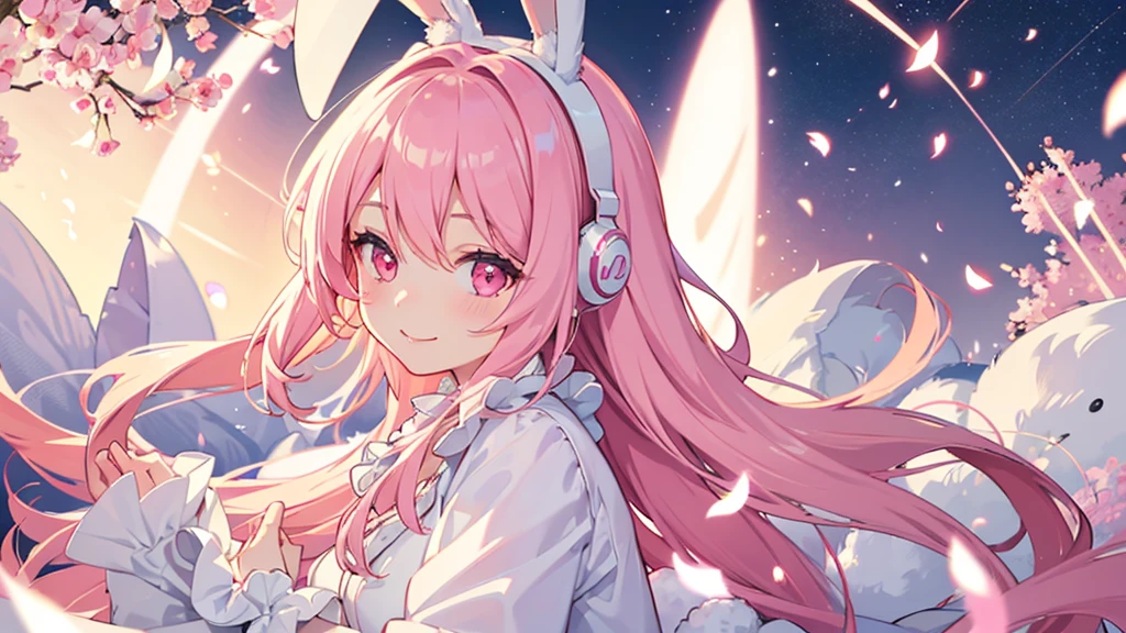 beautiful illustrations, highest quality, pretty girl, fluffy rabbit ears, pink long hair, rabbit stuffed,  pale pink eyes,smile,white clothes,Listen to the music,sound,musical note