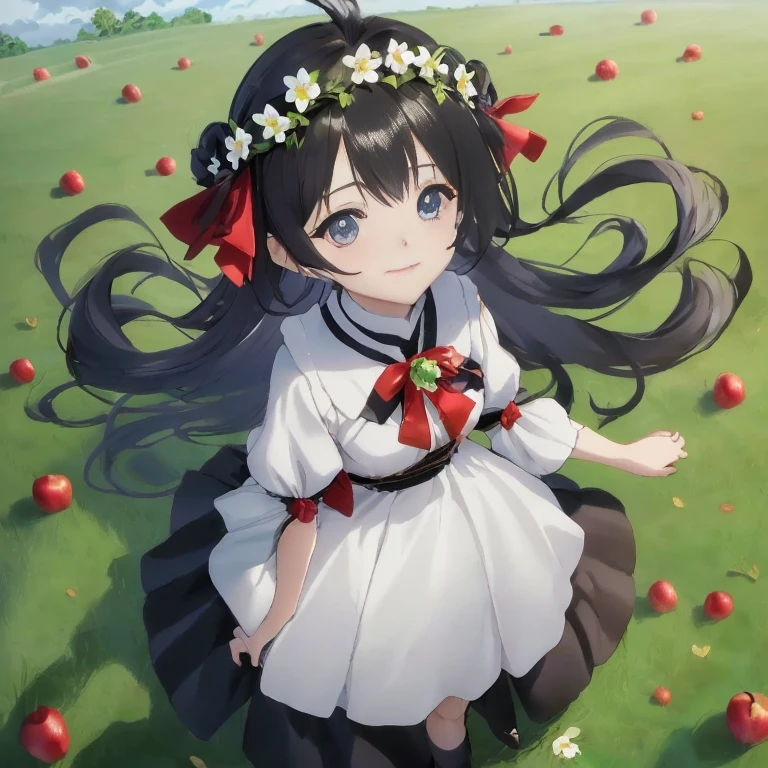 anime girl with long black hair and a flower crown in a field of apples, anime visual of a cute girl, anime moe artstyle, official artwork, small curvy , cute anime waifu in a nice dress,  in dress, standing in an apple orchard, official art, rin, young anime girl, guweiz, anime style 4 k