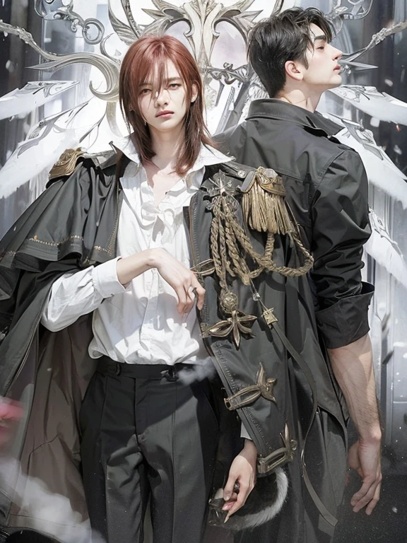 2 men, one with long red hair and a thin smile, and one man with short black hair who is facing to the side, anime background