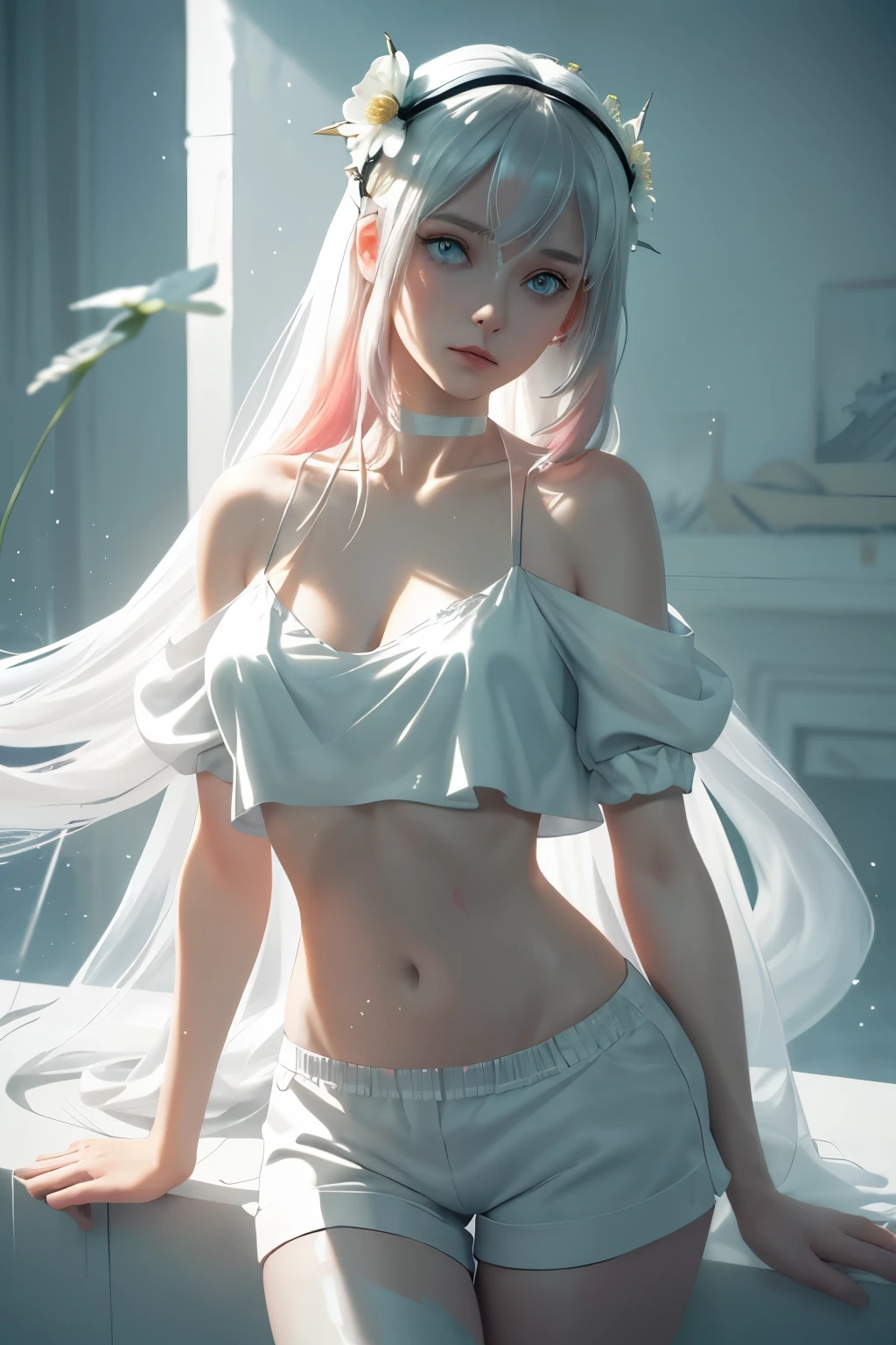 Heavy blurred shadows, loose top, silk bikini shorts, infantile, daddy issues, mean, masterpiece, best quality, 1girl, solo, crop top, silk shorts, choker, (stark white paint :1.5), paint sheen, arms behind back, against wall, looking at viewer, armband, thigh strap, paint on shirt, head tilt, bored, orange/pink hair, aqua eyes, headset, Flowers like castles from a golden spring tower over a beautiful Lady fare, in the spring of eternal youth she bathes her alabaster form to a symphony of trumpeter swans they fly in a sunbeam sky of assure and cotton cloud an extreme 90 meters long shot octane render, high quality hyperdetailed 24k photorealistic