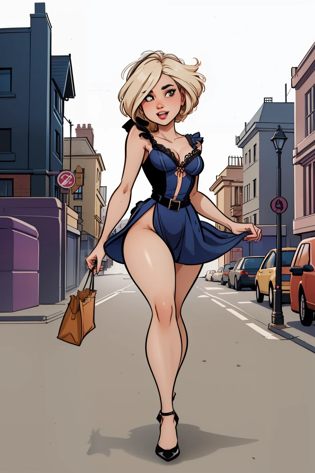((fullbody falling girl)), ((fall)), on the street in tropic, street, tropical street, palm trees,  arm extended forward,((falling girl in Blue zipped up down winter jacket and black turtleneck )) and (jeans) and blue gloves and (((blue winter hat)))) and black hiking boots, long legs in the air, adult, [Nordic], Hourglass elongated fitness body, perfect Olive skin, Oval Face, Long neck, Rounded shoulders, perfect hand, Attached Pointed ears, round forehead, (Short blonde Waves pixie hair), snub nose, Arched eyebrows, ((monolid blue Eyes)), High Round Narrow cheekbones, Dimpled Cheeks, Rounded Chin, Rounded Jawline, Full nude Lips, (blue eyes), Nude Makeup Look, long eyelashes, third breast size, long slim fitness legs in the air, graphic style of novel comics, perfect hands, 2d, 8k, hyperrealism, masterpiece, high resolution, best quality, ultra-detailed, super realistic, Hyperrealistic art, high-quality, ultra high res, highest detailed, lot of details, Extremely high-resolution details, incredibly lifelike, colourful, soft cinematic light, jump,