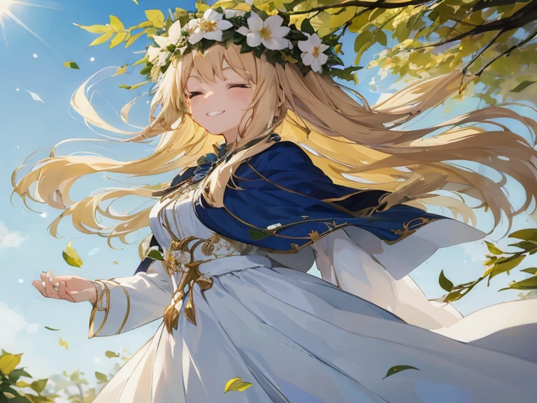a woman in a white dress and a blue cape is walking through a field, smiling as a queen of fairies, beautiful maiden, anime goddess, goddess of nature, blonde - haired princess, blonde anime girl with long hair, marisa kirisame, guweiz on pixiv artstation, trending on artstation pixiv, zerochan art, marin kitagawa fanart