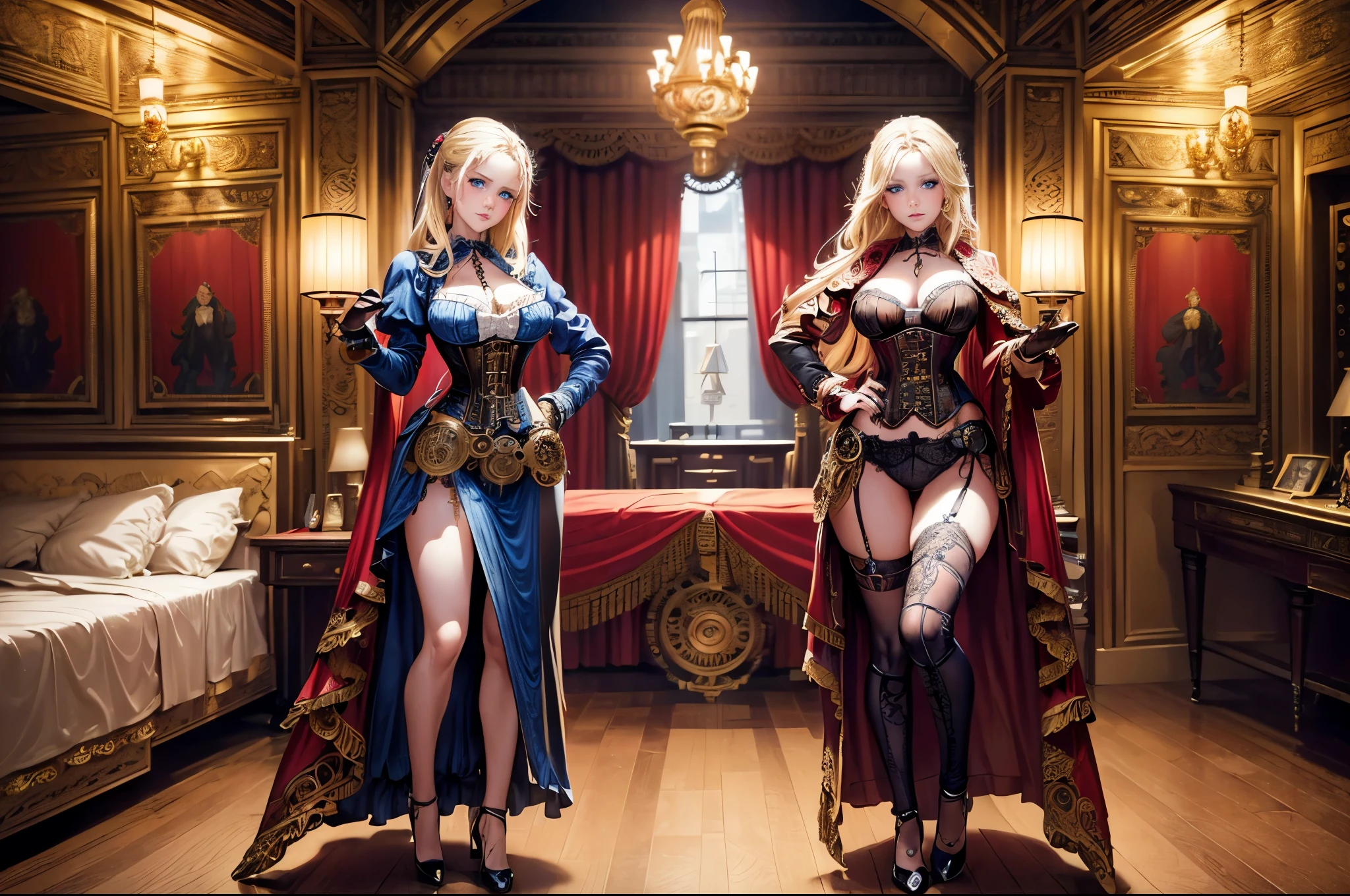 high quality fingers, normal hands, detailed fingers, masterpiece, (full body:1.5), Craft a visually stunning photoshoot that juxtaposes the contemporary beauty of a blonde-hair model, (blue eyes:1.2), (seductive smil:1.3), in a stylish (ornate red and black corset:1.3) against the historical backdrop of a (ornate Victorian bedroom:1.3), (steampunk:1.3) in the style of Lee Jeffries