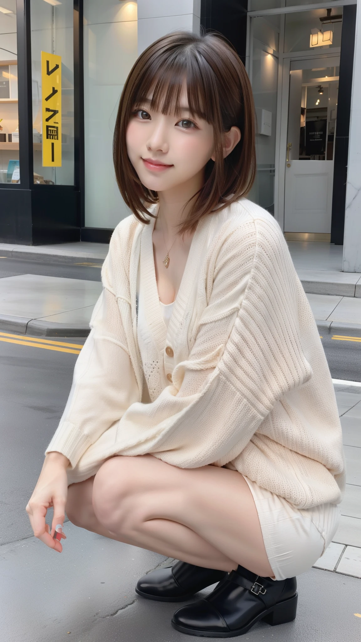 Photo taken by a professional photographer,Close-up of a woman squatting on the sidewalk with her legs crossed, kiko mizuhara, wearing a sweater, Shirahime cut brown hair, wearing a sweater, young and cute girl, japanese model, 白いwearing a sweater, Chiho, カジュアルなwearing a sweater, Beige miniskirt,white panties,Side waves with short hair, a cute young woman, cute young woman,