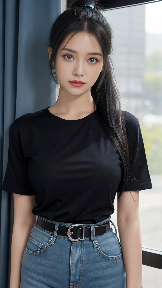 1girl, solo, long_hair, breasts, blue_eyes, large_breasts, shirt, black_hair, hair_ornament, jewelry, closed_mouth, upper_body, ponytail, short_sleeves, belt, pants, black_shirt, window, denim, curtains, jeans, shirt_tucked_in, black_belt