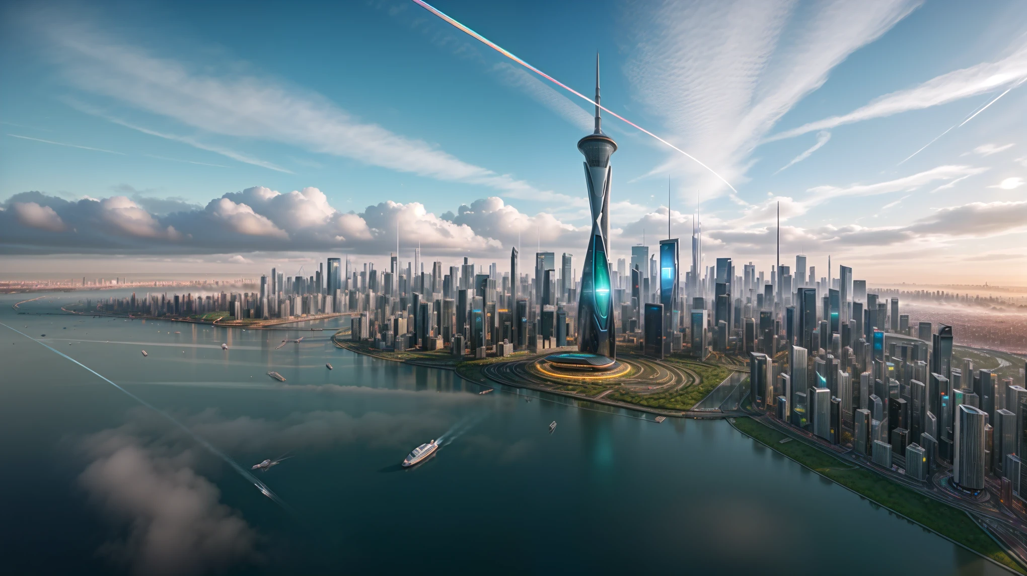 (Best quality,4K,8K,A high resolution,Masterpiece:1.2),Ultra-detailed,(Realistic,Photorealistic,photo-realistic:1.37),Futuristic floating city,Futuristic technology,Huge urban high-tech tablet platform,Airship,Floating in the sky,Futuristic city,Small airships around,High-tech hemispherical platform,Colorful lights,Advanced architecture,modernn architecture,skyscrapper,Access the cloud,Scenic beauty,view over city,Impressive design,Blend seamlessly with nature,energetic and vibrant atmosphere,Futuristic transportation system,Parking is suspended,Transparent path,Lush greenery,Sky gardens,cascading waterfalls,Magnificent skyline,reflections on the water,Sparkling river,Architectural innovation,futuristic skyscrapers,Transparent dome,The shape of the building is unusual,Elevated walkway,Impressive skyline,Glowing lights,Futuristic technology,Minimalist design,Scenic spots,Panoramic view,Cloud Piercing Tower,Vibrant colors,epic sunrise,epic sunset,Dazzling light display,magical ambiance,The future city,Urban Utopia,LuxuryLifestyle,Innovative energy,sustainable development,Smart city technology,Advanced infrastructure,Tranquil atmosphere,Nature and technology live in harmony,Awesome cityscape,Unprecedented urban planning,Architecture connects seamlessly with nature,High-tech metropolis,A cutting-edge engineering marvel,The future of urban living,Visionary architectural concept,Energy-efficient buildings,Harmony with the environment,A city floating above the clouds,Utopian dreams become reality,The possibilities are endless,State-of-the-art transportation network,Green energy integration,Innovative materials,Impressive holographic display,Advanced communication system,Breathtaking aerial view,Quiet and peaceful environment,Modernist aesthetics,Ethereal beauty
