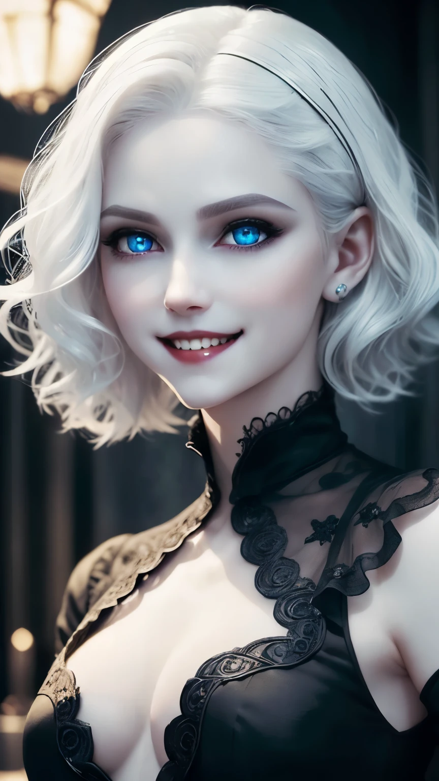 A vampire girl, (((Vampire, Folklore character, Beauty, Short wavy white hair))), Pale skin, Wearing black silk clothes, Blue eyes, (((Detailed Eyes: 2, Smile face: 1.5))), Skinny body, Red lips, Blushy makeup, Dark Background, Facing at the viewer, ((Masterpiece: 1.8, Super detail: 1.25, Accurate: 1.5, RAW, 16k)), (((Photorealistic, Half body))), Soft lighting, F/1.2.