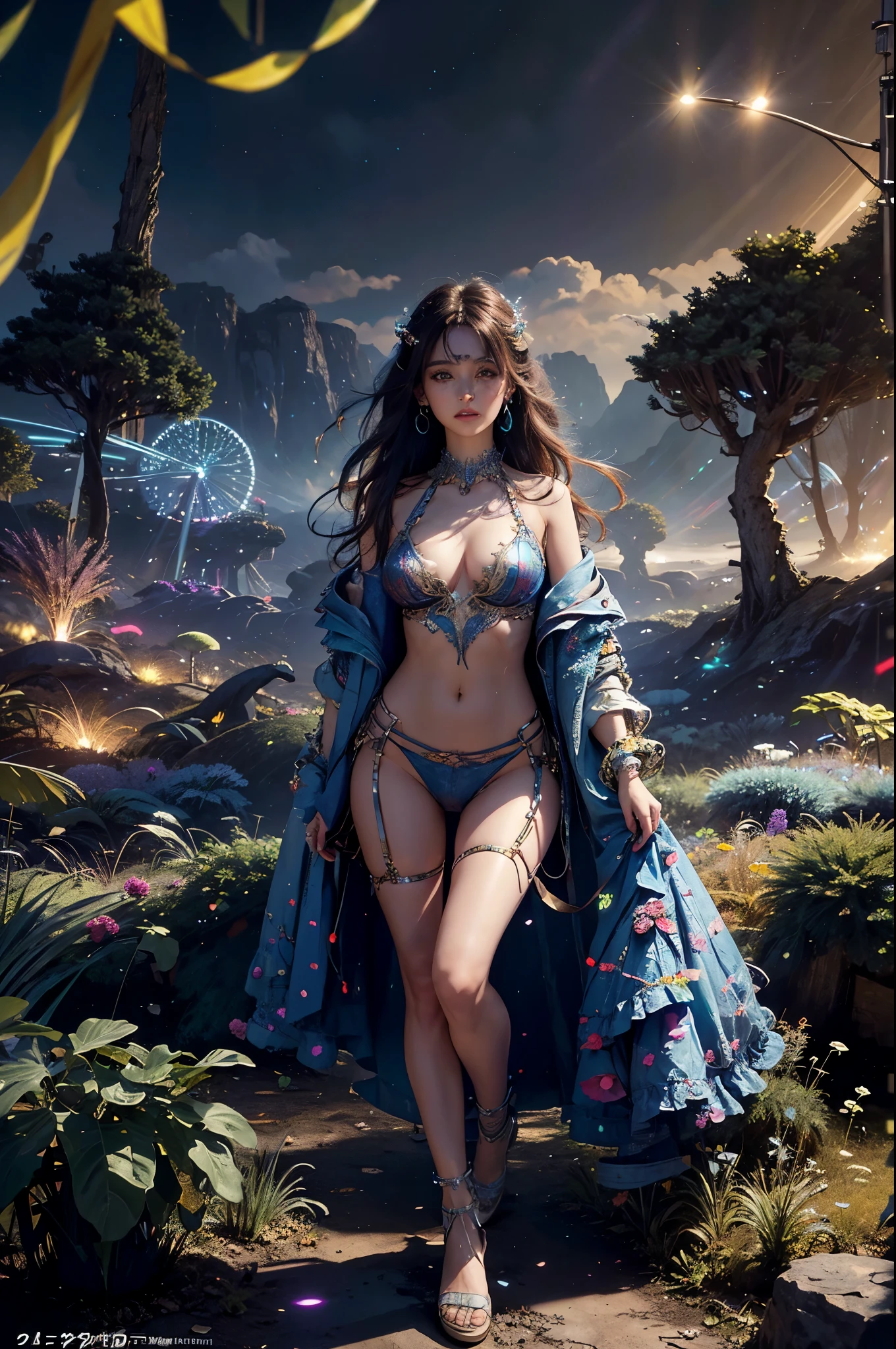 rave festival, night, light rays, edc, rave, highres, lens flare, led, masterpiece, cinematic lighting, perfect skin, long vivid colorful hair, toned, cameltoe, breast focus, legs focus