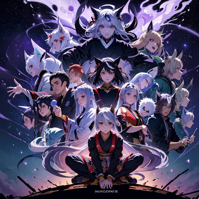 (masterpiece:1.2), (highest quality:1.2), perfect eyes, perfect face, perfect lighting, perfect composition,It's like a movie,The silver nine tails of Japanese mythology, The nine tails spread out like a fan., full length, facing the viewer, Fantastic lighting, The overall color is silver-purple,the background is the universe,Precise
