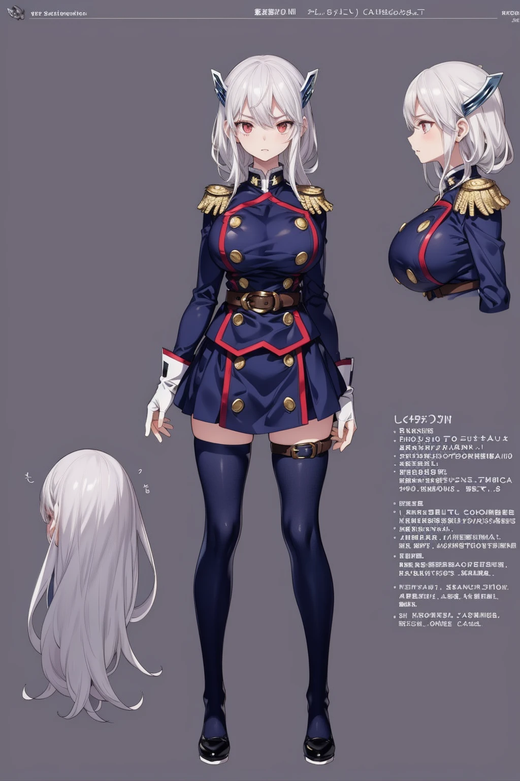 girl, solo, full body, from head to toe, standing, (Huge_Breasts:1.3), beautiful body, perfect body, nice body,

((Character Design Sheet:1.7, character reference sheet:1.7,)),

KyoukaUzen, hair ornament, military uniform, white gloves, epaulettes, belt, pleated skirt, black skirt, thigh boots, short skirt, mini skirt,