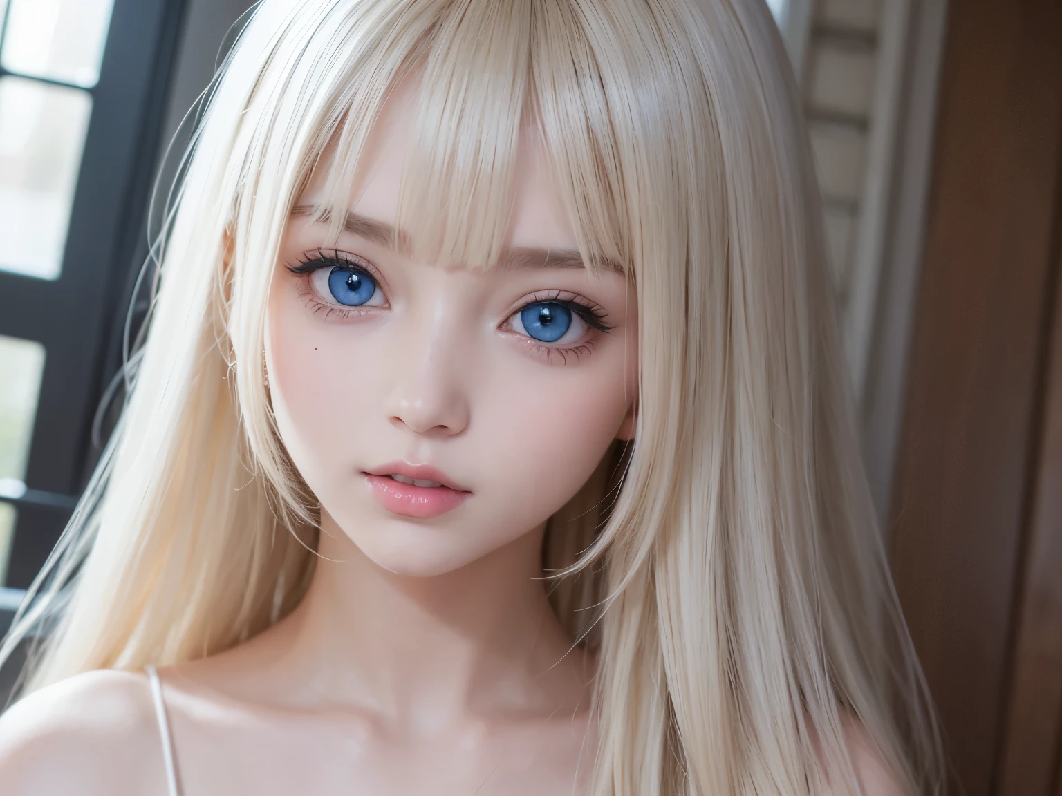 Sexy and very beautiful shiny cute face、beautiful shiny skin、white and beautiful skin、Beautiful cute sexy shining beautiful pale light blue eyes, Beautiful very long silky blonde hair、Sexy swaying bangs、18 year old cute little face beautiful girl、