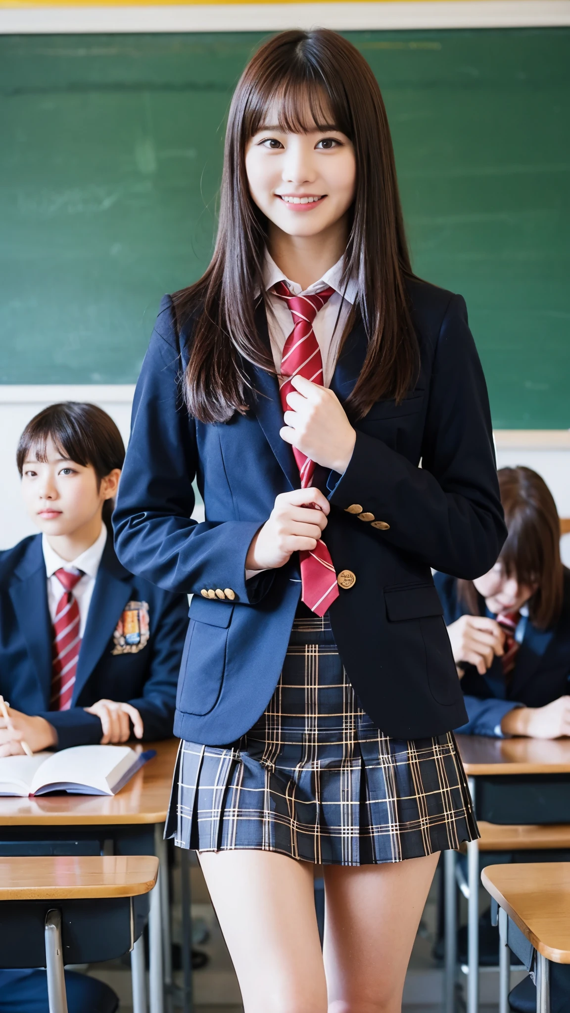 Girl Standing In School Classroom,Red Tie Uniform,Dark Blue Closed Blazer,Blue plaid skirt,18-year-old,bangs,a little smile,thighs,knees,from below,random pose,pretty girl,