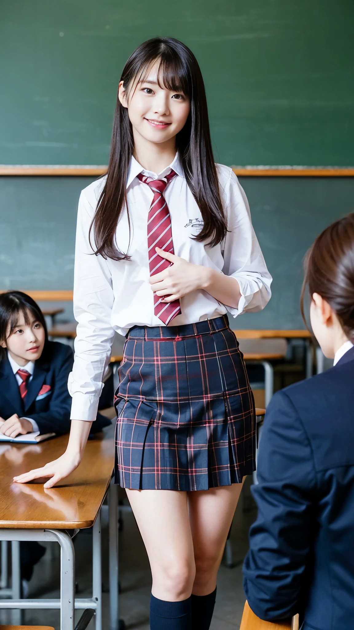 Girl Standing In School Classroom,Red Tie Uniform,Dark Blue Closed Blazer,Blue plaid skirt,18-year-old,bangs,a little smile,thighs,knees,from below,random pose,pretty girl,