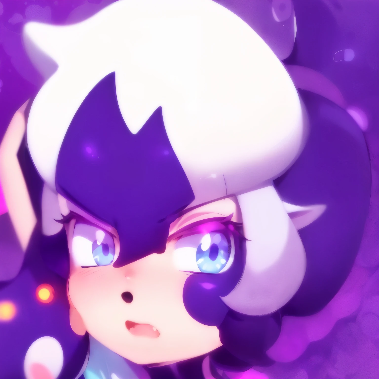 a close up of a cartoon character with a purple background, pouty, flat anime style shading, with glowing purple eyes, sly expression, melty, unknown artstyle, close up character, character art closeup, cel - shaded art style, intense expression, with splatoon style, inspired by Puru, art in the style of joshy sly, character close-up