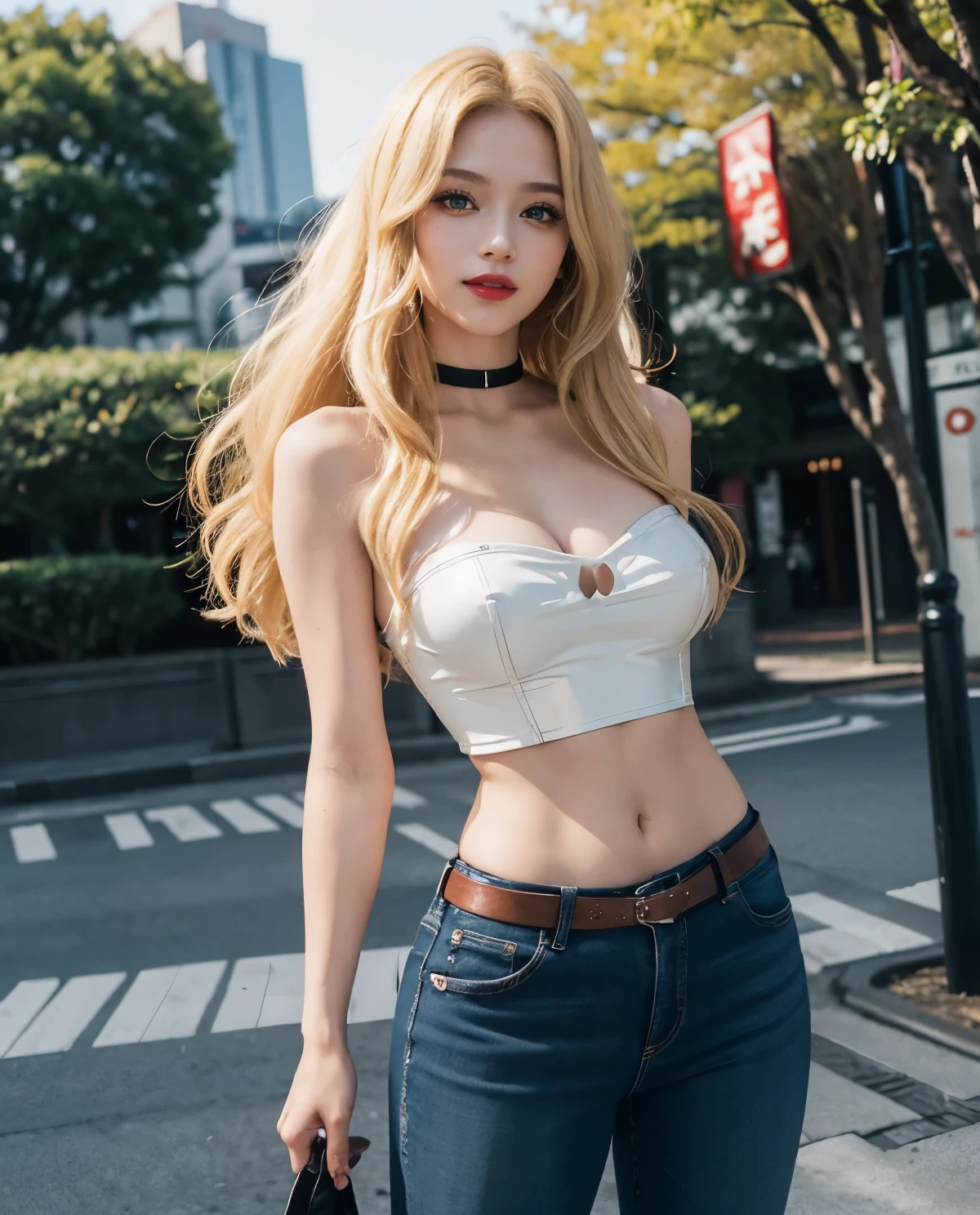 1girl, Blue eyes, (smile), (black make-up), (Sana Minatozaki), wide hips, Big , big ass, (Best Quality, 8k, Masterpiece: 1.3), perfect hands, Clear Focus: 1.2, Perfect Body Beauty: 1.4, strong abs :1.2, Highly detailed face and skin texture, detailed eyes, double eyelids, red lips, (blonde long hair :1.2), bare shoulders, (black corset), leather belt, (jeans), standing, dynamic pose, Minato Shiba Park, Tokyo, Japan, Tokyo Tower in background